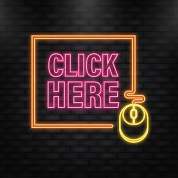 Neon Icon. Icon with click here 3D button on dark background for web marketing Illustrazione stock