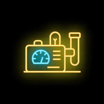 Neon icon of industrial machine tool with speedometer, buttons and tube dis.. Stock Illustration