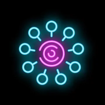 Neon icon of information spreading from central source to multiple destinatio Stock Illustration