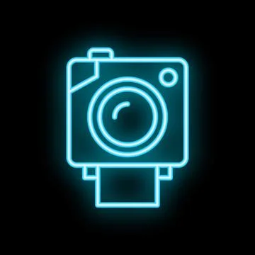 Neon icon of instant camera printing photo on black background Stock Illustration