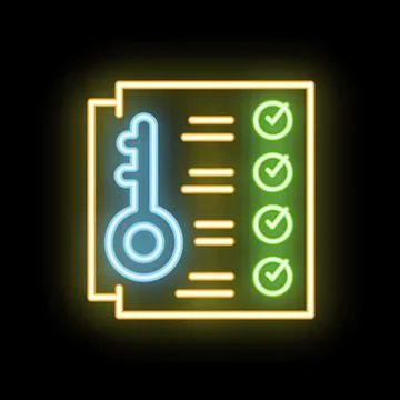 Neon icon of key unlocking a checklist representing problem solving Stock Illustration