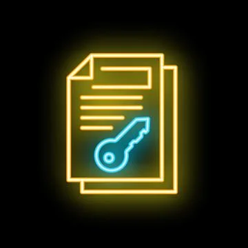 Neon icon of key unlocking document for private information access Stock Illustration