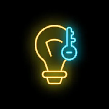 Neon icon of key unlocking a light bulb idea Stock Illustration