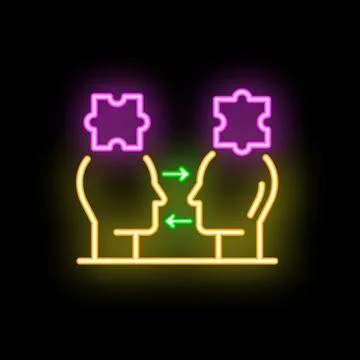 Neon icon of knowledge transfer with two people exchanging puzzle pieces 스톡 일러스트