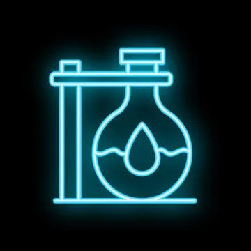 Neon icon of lab flask with liquid and drop for chemistry experiment Stock Illustration