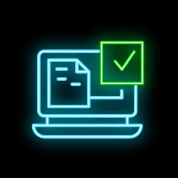 Neon icon of laptop displaying document receiving check mark approval Stock Illustration