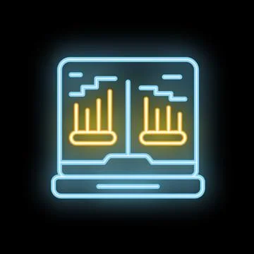 Neon icon of laptop displaying statistical charts on black background Stock Illustration