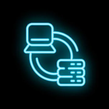 Neon icon of laptop transferring data to database server Stock Illustration