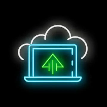 Neon icon of laptop uploading data to cloud storage Stock Illustration