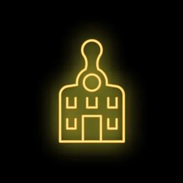 Neon icon of a large building with a tower and windows glowing yellow on a bl Ilustración de archivo