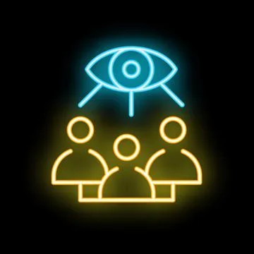 Neon icon of a large eye hovering over a group of people Stock Illustration