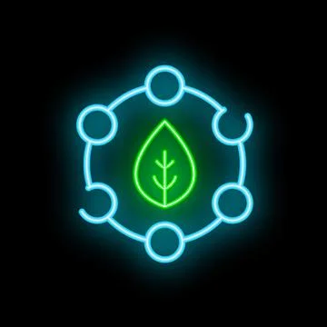 Neon icon of leaf surrounded by interconnected circles representing environ.. Illustrazione stock