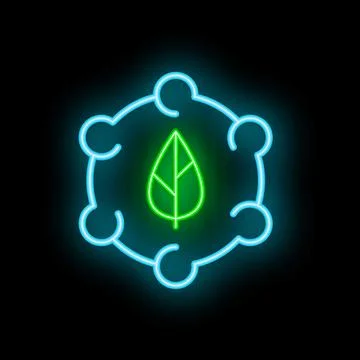 Neon icon of a leaf surrounded by a network representing environmental coll.. Stock Illustration