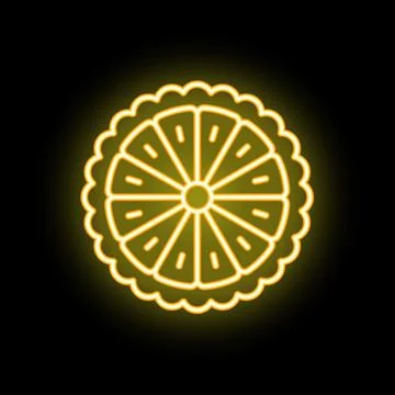 Neon icon of a lemon or orange slice glowing on black background Stock Illustration