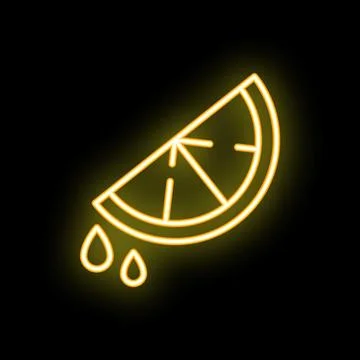 Neon icon of a lemon slice dripping with juice on a black background Stock Illustration