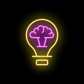 Neon icon of light bulb with brain representing creative idea generation 스톡 일러스트
