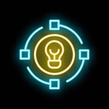 Neon icon of light bulb connecting squares representing innovative thinking.. Stock Illustration