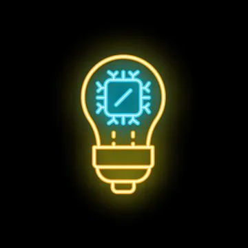 Neon icon of light bulb containing microchip representing artificial intell.. Stock Illustration