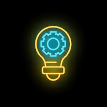 Neon icon of light bulb with gear symbolizing innovation process Stock Illustration