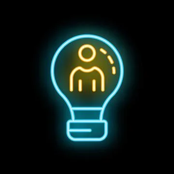 Neon icon of light bulb with human figure representing idea generation Stock Illustration