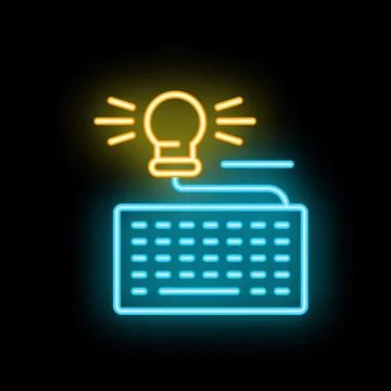 Neon icon of light bulb shining over computer keyboard for content writing Ilustração Stock