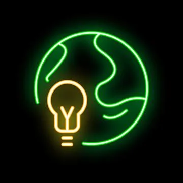 Neon icon of light bulb shining over earth for green energy concept Ilustração Stock