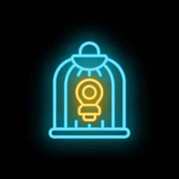 Neon icon of a light bulb trapped inside a birdcage representing lack of fr.. Stock Illustration
