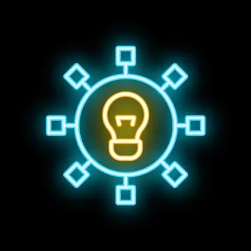 Neon icon of lightbulb representing a hub and spokes network for innovation Illustrazione stock