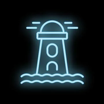 Neon icon of lighthouse emitting light on sea waves Stock Illustration