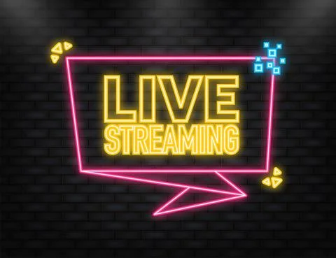 Neon Icon. Live streaming logo - red vector design element with play button for Illustrazione stock