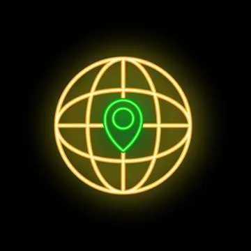 Neon icon of location pin inside earth globe showing global positioning syste Stock Illustration