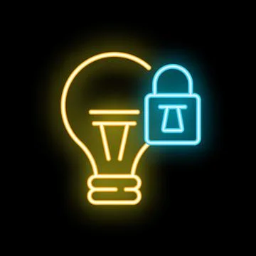 Neon icon of a locked lightbulb representing intellectual property イラスト素材