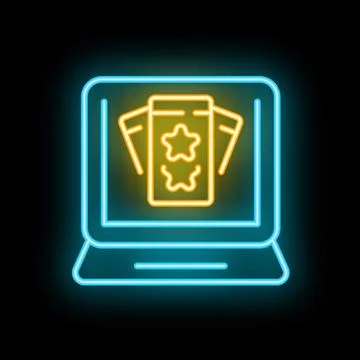 Neon icon of loyalty program with cards and stars on laptop screen Stock Illustration