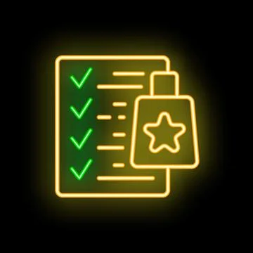 Neon icon of loyalty program with checklist and bonus card Stock Illustration