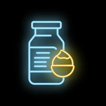 Neon icon of macadamia milk alternative in glass bottle with nut Stock Illustration