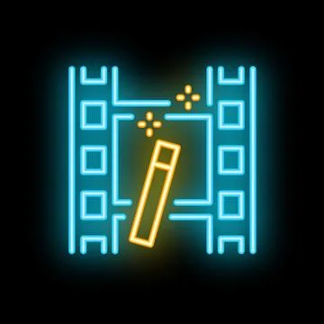 Neon icon of magic wand creating movie frame with sparkling light effect Stock Illustration