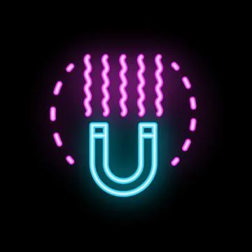 Neon icon of a magnet generating a magnetic field with lines of force Stock Illustration