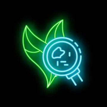 Neon icon of magnifying glass analyzing a leaf representing eco friendly te.. Stock Illustration