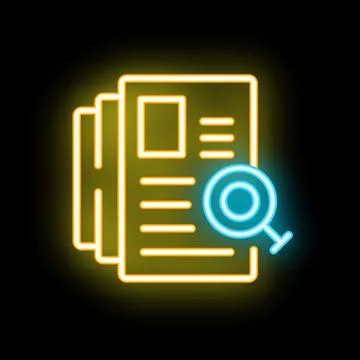 Neon icon of magnifying glass analyzing documents representing due diligence Stock Illustration