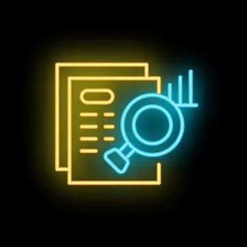 Neon icon of magnifying glass analyzing documents and data Stock Illustration