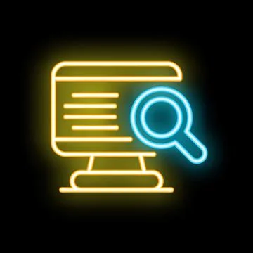 Neon icon of magnifying glass hovering over computer screen displaying line.. Stock Illustration