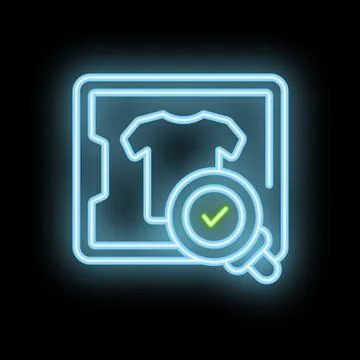 Neon icon of magnifying glass hovering over clothing item with check mark s.. Ilustração Stock