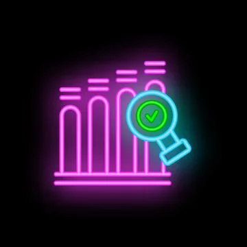 Neon icon of magnifying glass hovering over bar graph with check mark symbol Ilustração Stock
