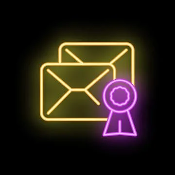 Neon icon of mail envelope with approving ribbon representing verified email Stock Illustration
