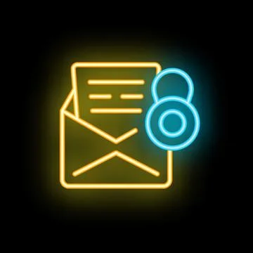 Neon icon of mail envelope with lock representing secure email service Stock Illustration