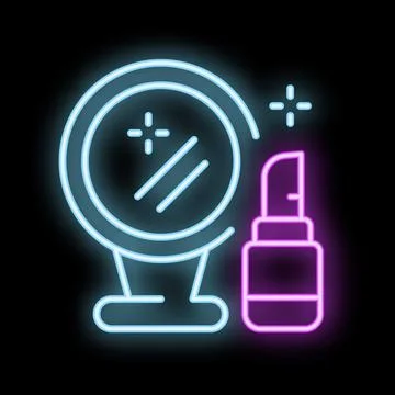 Neon icon of makeup mirror and lipstick glowing on black background Stock Illustration