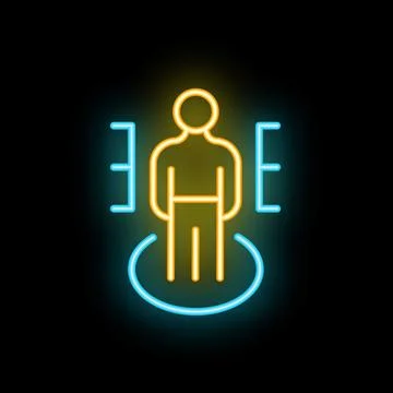Neon icon of man standing on platform being scanned Stock Illustration