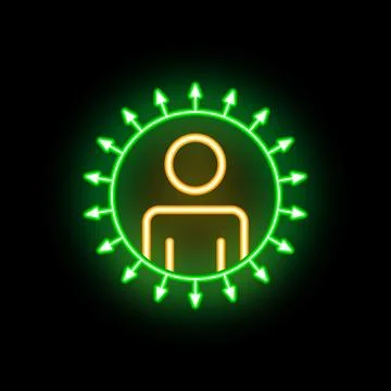 Neon icon of a man surrounded by arrows pointing inwards representing focus.. Stock Illustration