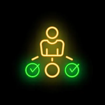 Neon icon of a manager choosing between two candidates represented by check m Illustrazione stock