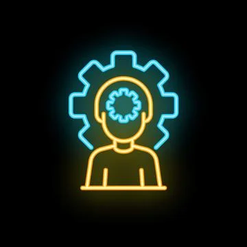 Neon icon of a manager thinking about work with gears in his head Stock Illustration